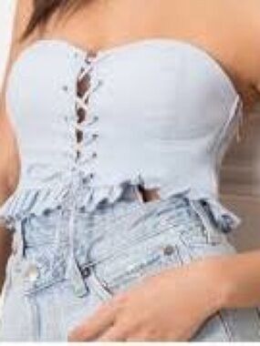 superdown Light Blue Strapless Lace-Up Ruffle Crop Top